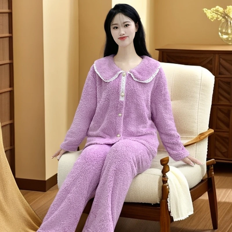 法兰绒长袖睡衣秋冬款女加厚加绒可爱公主风可外穿家居服套装Y136