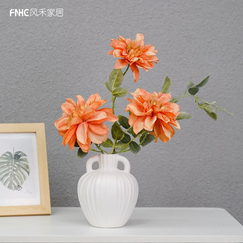 轻奢油画仿真花牡丹菊大丽花假花摆设客厅插花花艺装饰家居摆件