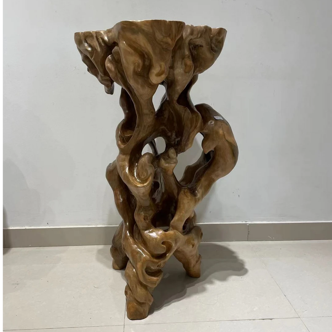 古木年华核桃木整体手工雕刻镂空花架几架 尺寸：高95cm