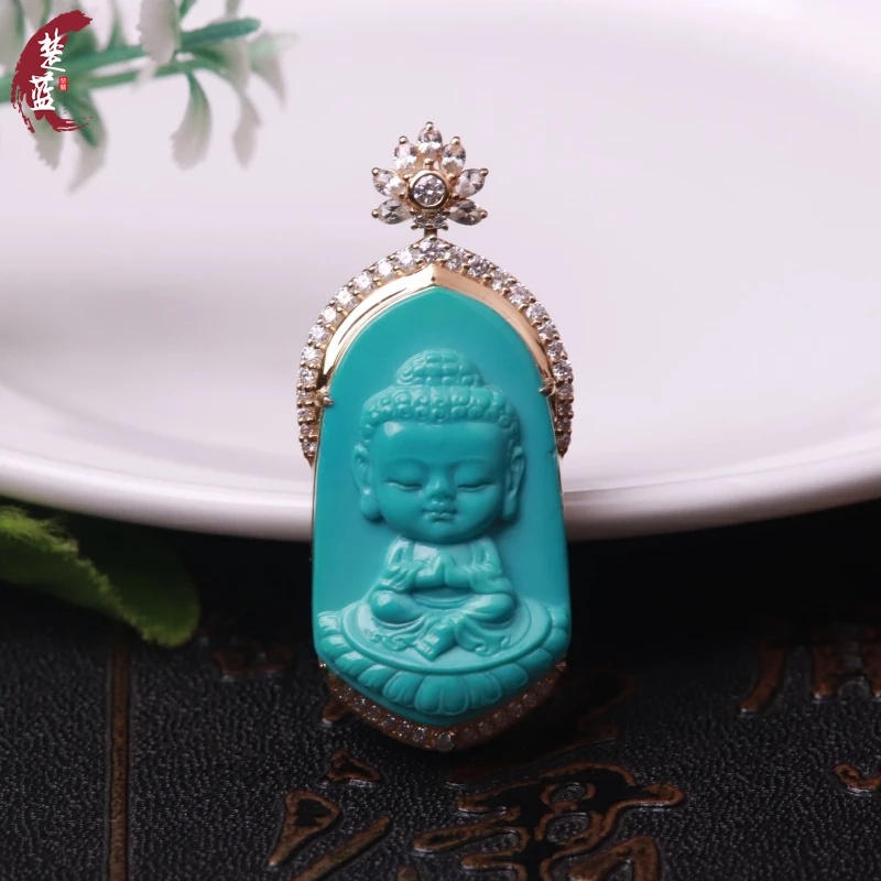 绿松石宝宝佛吊坠天然原矿18k黄金镶嵌精工雕刻手工项链脖挂