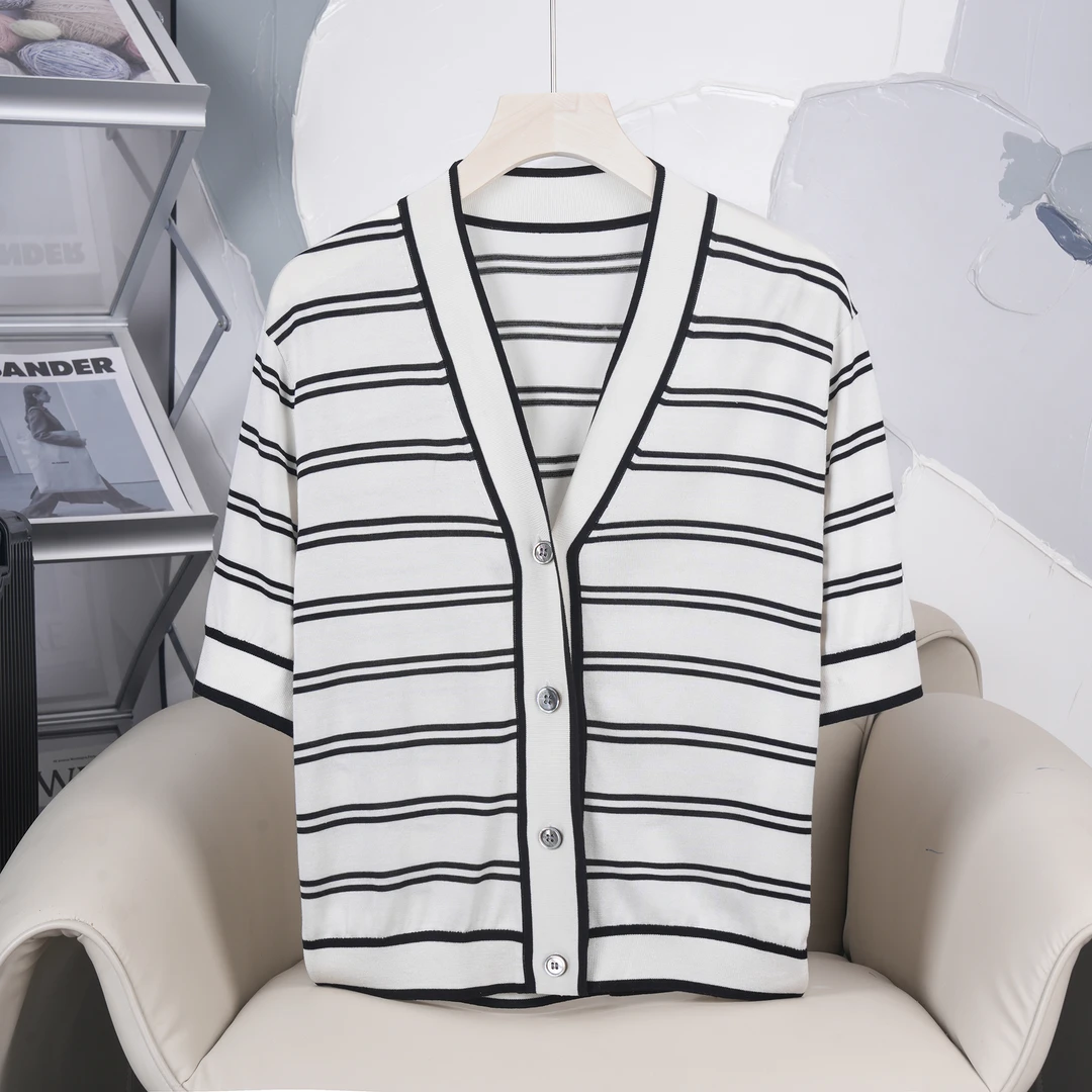 【商场同款】夏新款复古V领条纹短袖小香风开衫YXS24193