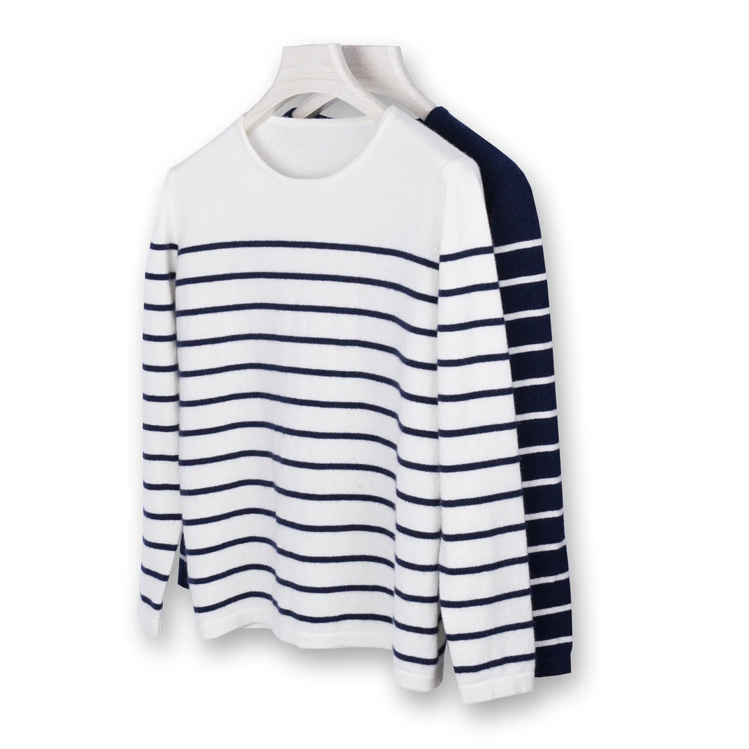 百搭圆领纯山羊绒女士 经典条纹羊绒针织衫YXW23267