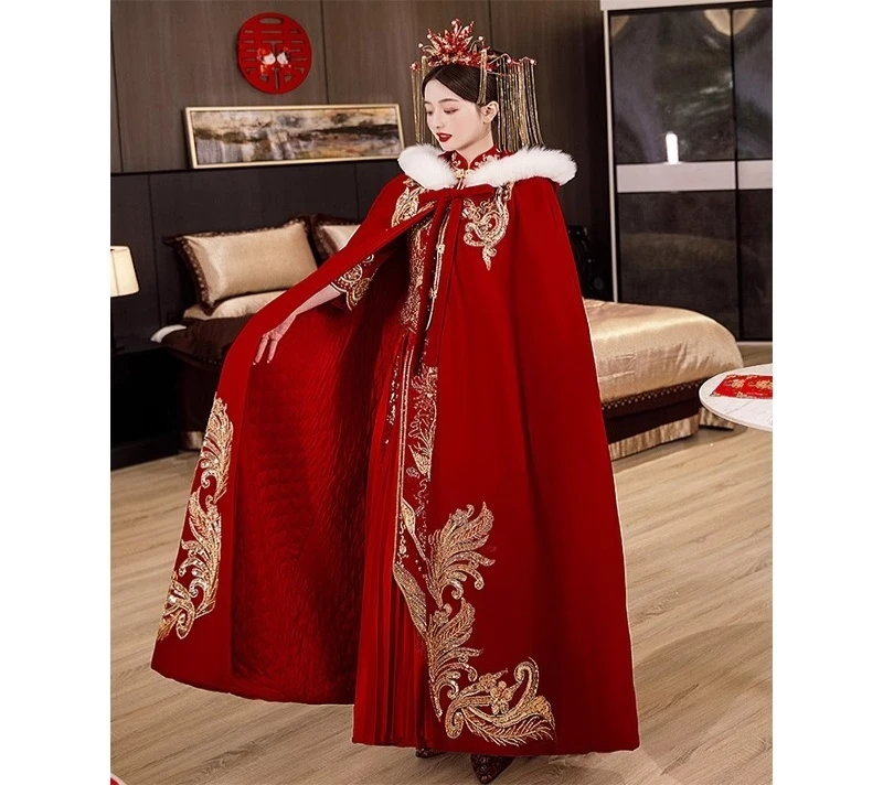 披风秀禾服汉服红色加厚中国风拜年服古装长款结婚敬酒礼服冬款