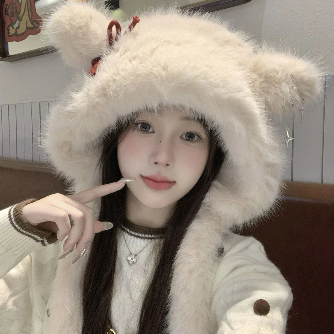 日系可爱狐狸耳朵毛绒帽子围巾一体女冬季骑车加厚保暖护耳雷锋帽