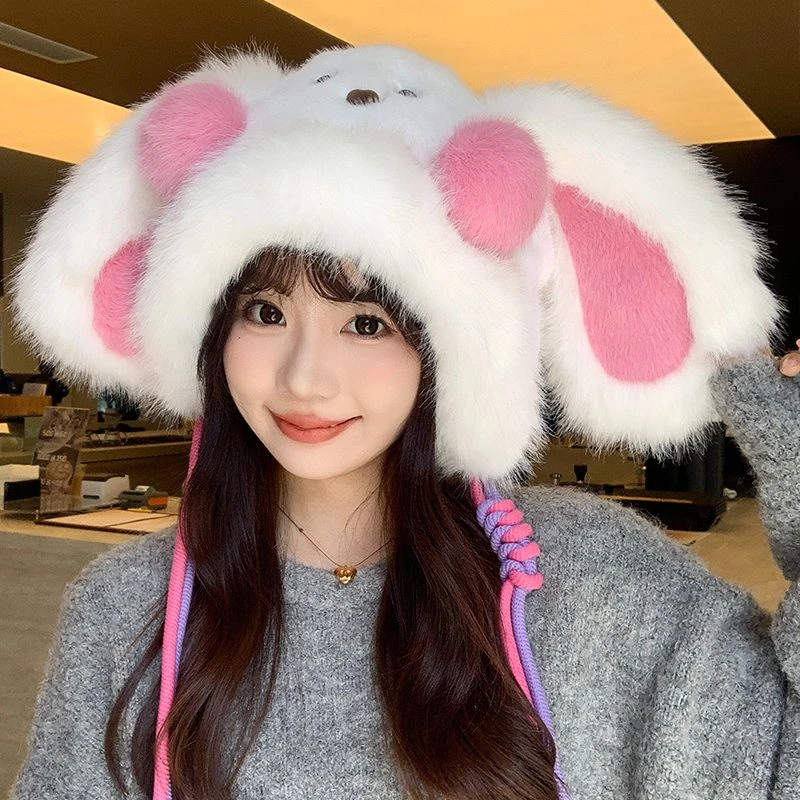 腮红小兔保暖毛绒雷锋帽女甜美可爱大头围护耳帽加厚秋冬季套头帽