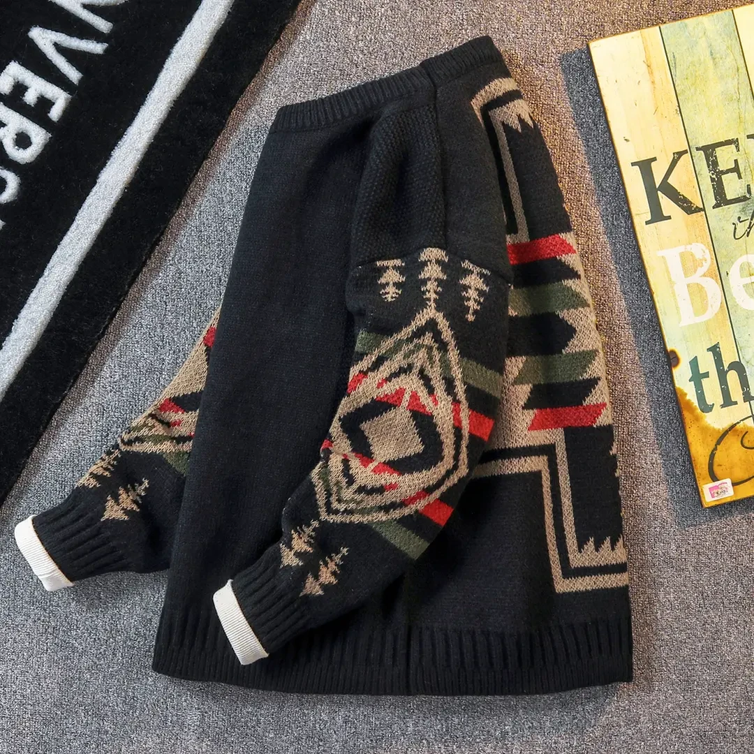 套头圆领毛衣男潮流宽松大码冬季复古民族风百搭针织衫外套毛线衣