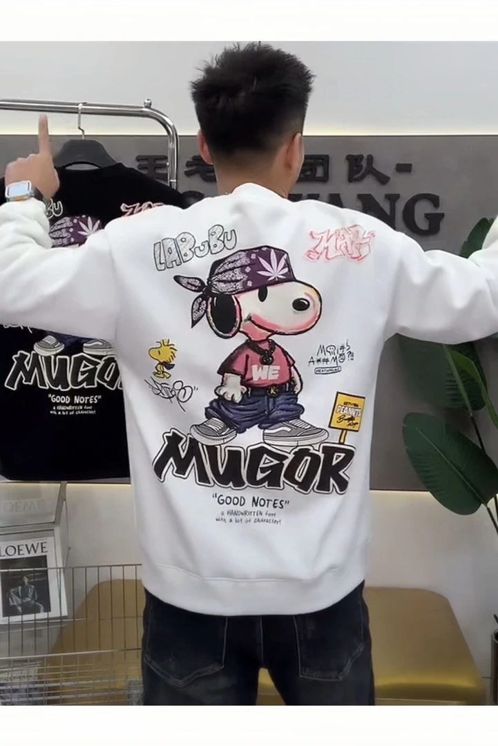 2025新款秋冬季情侣彩绘卫衣潮牌重磅套头圆领卫衣加绒印花长袖男