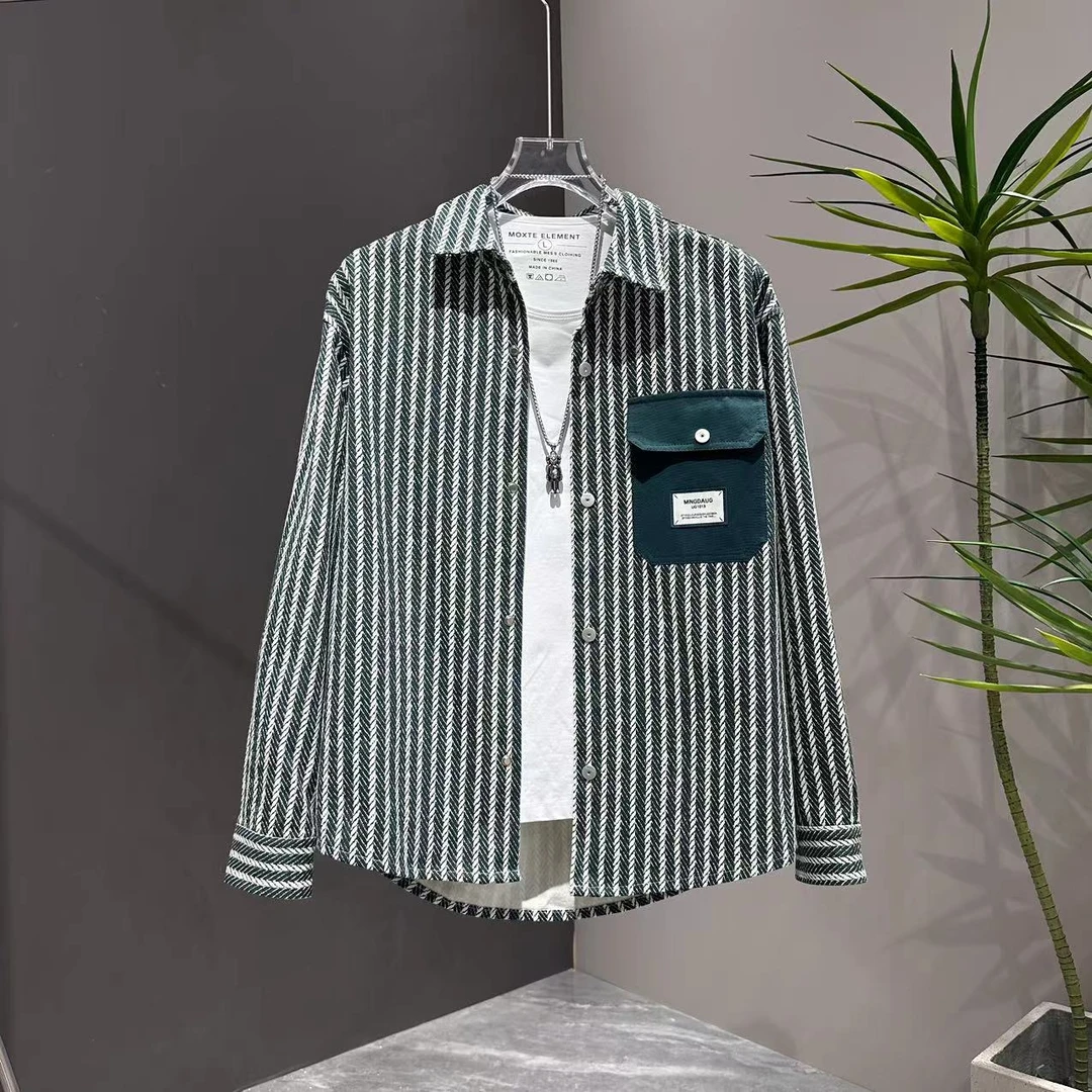 男士风爆款翻领格子夹克时尚条纹上衣极简风秋冬季休闲长袖外套