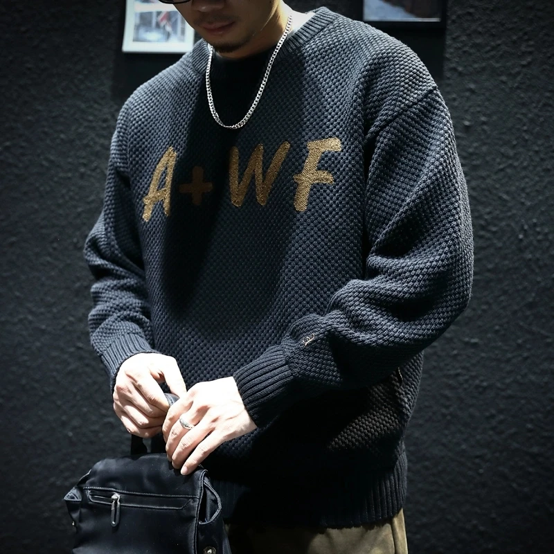 秋冬新款潮牌日系复古圆领针织毛衣男宽松大码休闲潮流套头毛线衣