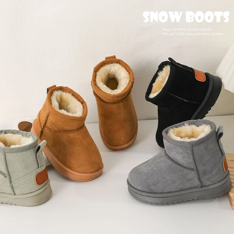新款儿童时尚雪地靴百搭加绒加厚保暖大棉男女童棉靴防水皮面短靴