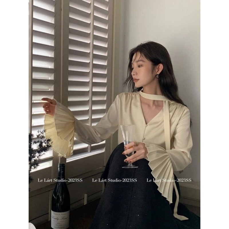 23317高级感气质风琴袖飘带衬衫女百搭宽松温柔通勤上衣