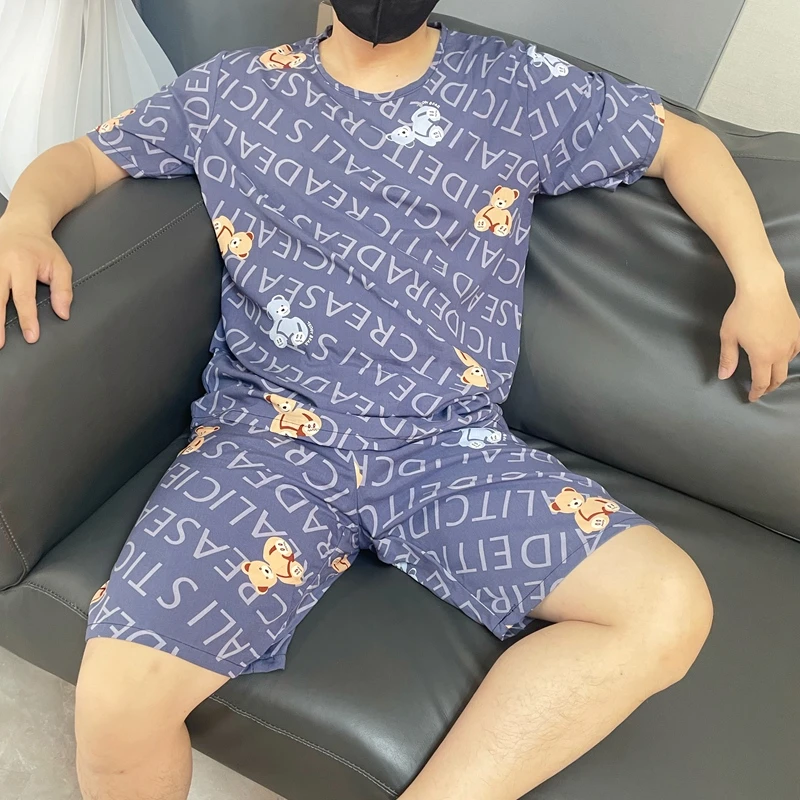 夏季男士睡衣套装绵绸空调家居服薄款加肥加大码男薄款印花两件套