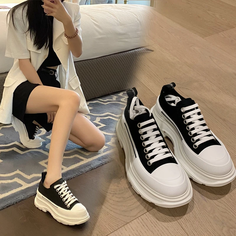 麦昆帆布鞋女增高小白百搭松糕厚底老爹鞋透气高帮鞋低帮春秋潮流