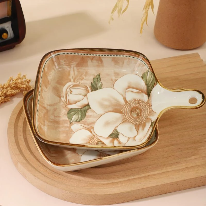 【山茶花单柄盘】陶瓷餐具手柄盘单柄烤盘牛排盘早餐盘家用釉下彩