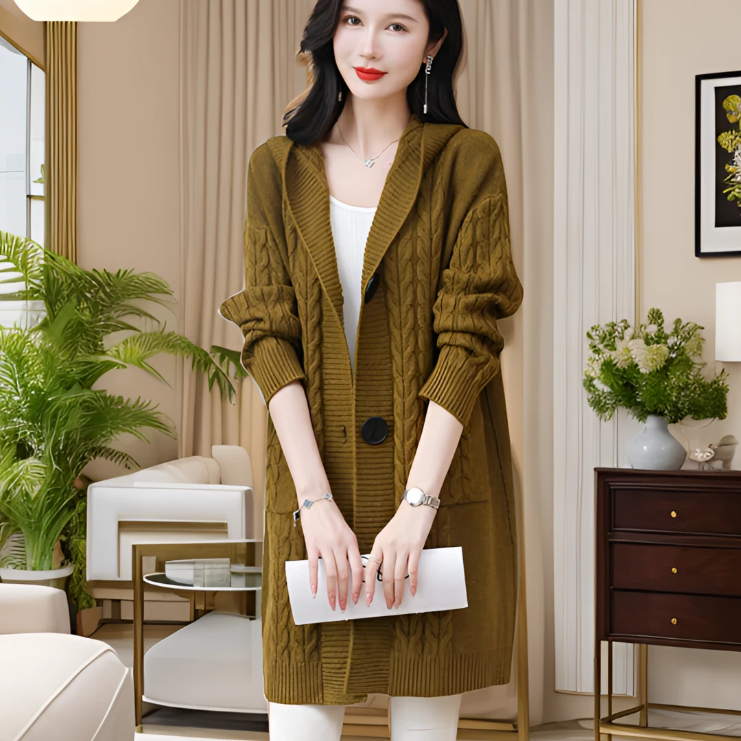 过膝长款纯色毛衣开衫时尚气质新款洋气百搭宽松显瘦春秋连帽外套