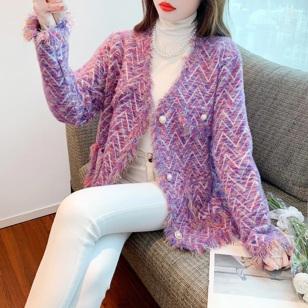 2174-1法式高级感小香风外套女百搭V领网红针织开衫上衣-紫色星空