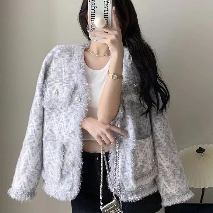 2173-法式高级感小香风外套女百搭圆领长袖针织开衫-W纹流苏