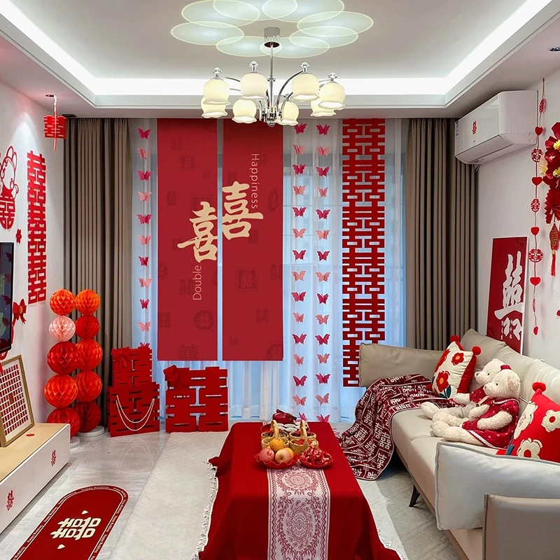 婚房布置装饰男方女方结婚新房卧室客厅阳台装饰条幅蝴蝶吊饰拉花
