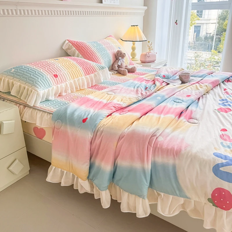 乳胶凉席花边夏被四件套床笠款机洗软席凉感丝空调被可水洗四件套