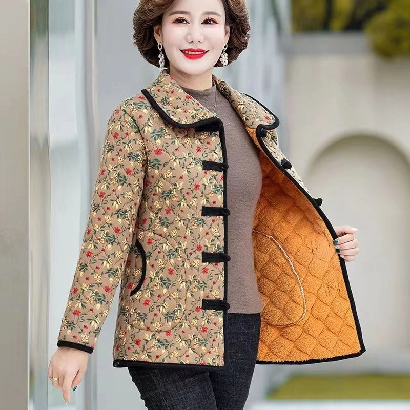 妈妈装冬季新款加绒保暖棉衣时尚气质复古盘扣薄棉袄碎花外套上衣