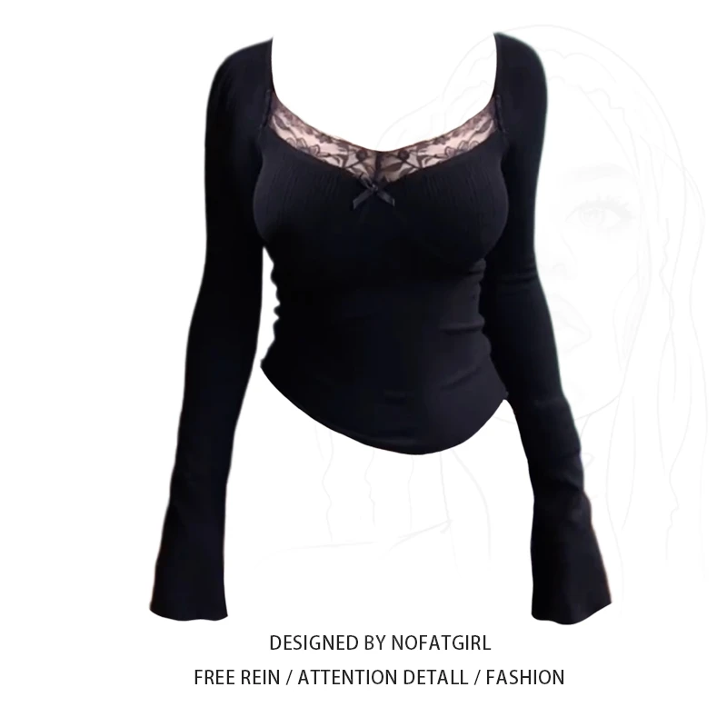 大码胖MM纯欲风性感蕾丝长袖针织衫女秋季新款修身显瘦甜辣妹上衣