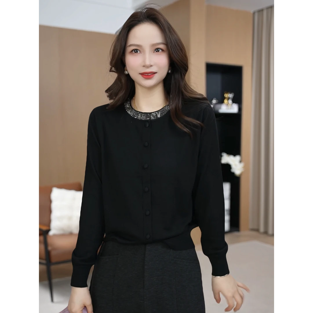 【星云开衫】烫钻圆领排扣针织衫上衣