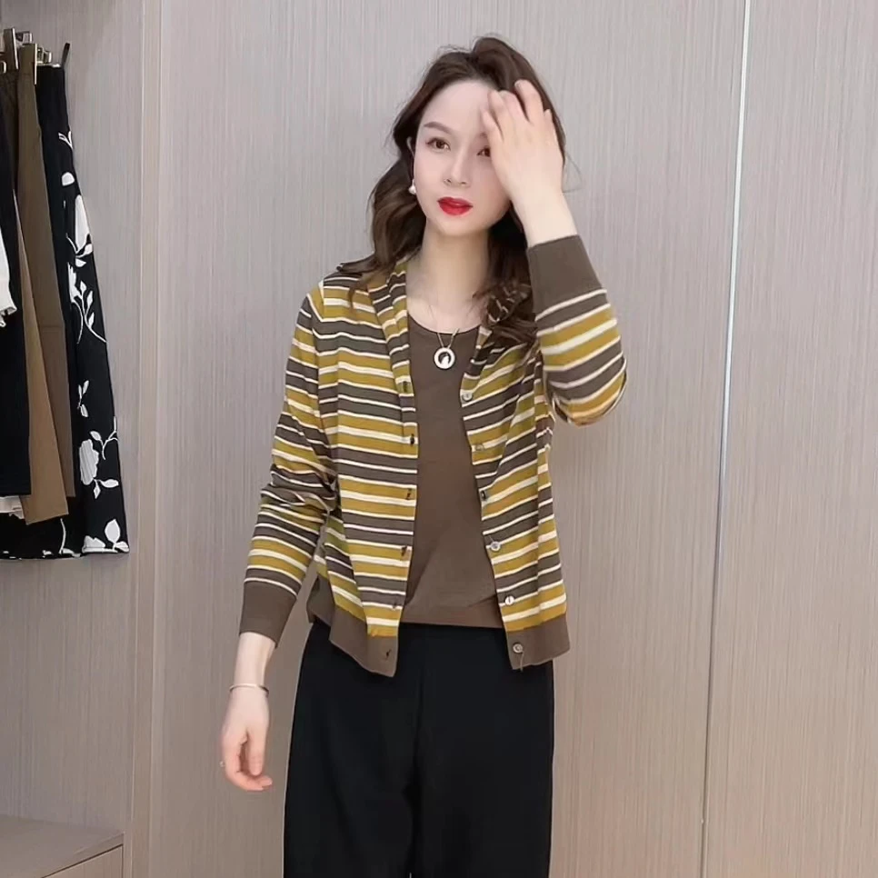 【条纹帽衫】假两件针织毛衣外套春季新款休闲百搭洋气长袖衫