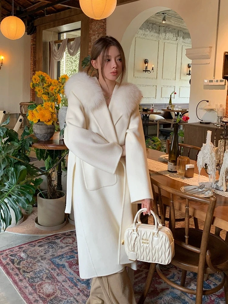 【雪后】双面羊毛狐狸毛领大衣长款气质连帽小个子网红-88061