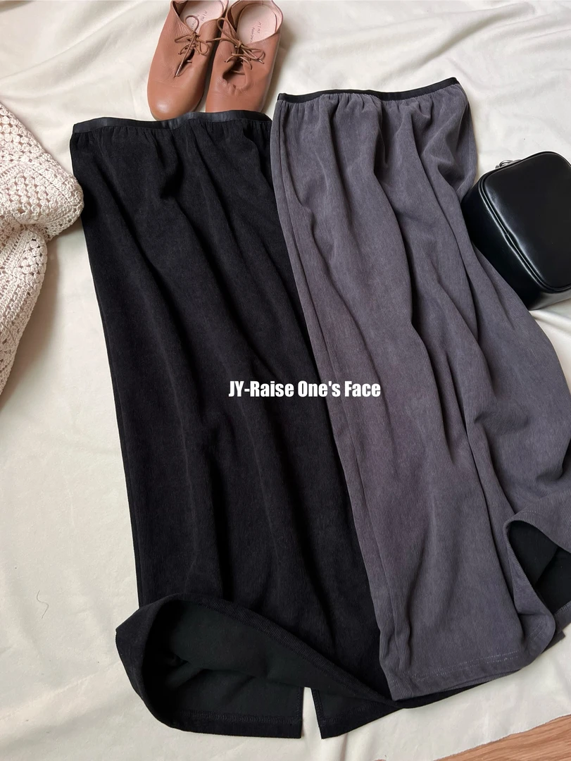 HUI - 【浅墨】7823 舒适显瘦松紧腰加绒坑条半身裙