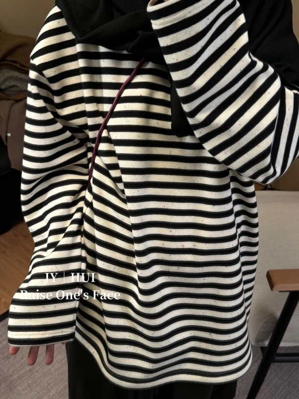 Hui-【彩色棉点】1099 条纹宽松女秋冬加绒定制彩点长袖T恤（不对条）