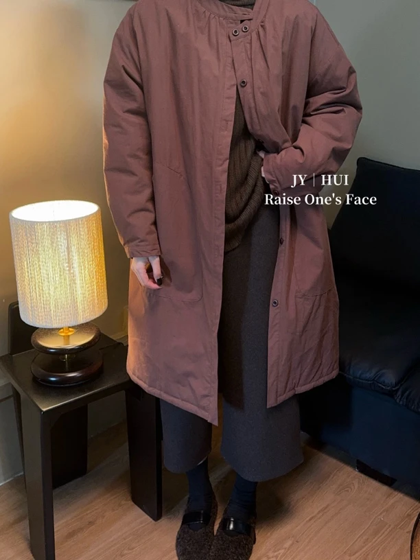 HUI - 【常乐】 3060 岩沙色格子里衬中长款宽松棉服