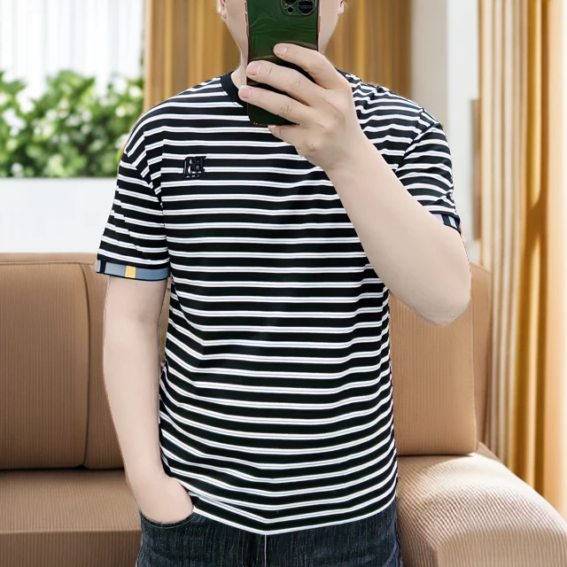 夏季新品男士高棉感百搭舒适吸汗透气圆领潮流短袖条纹半袖t恤T恤