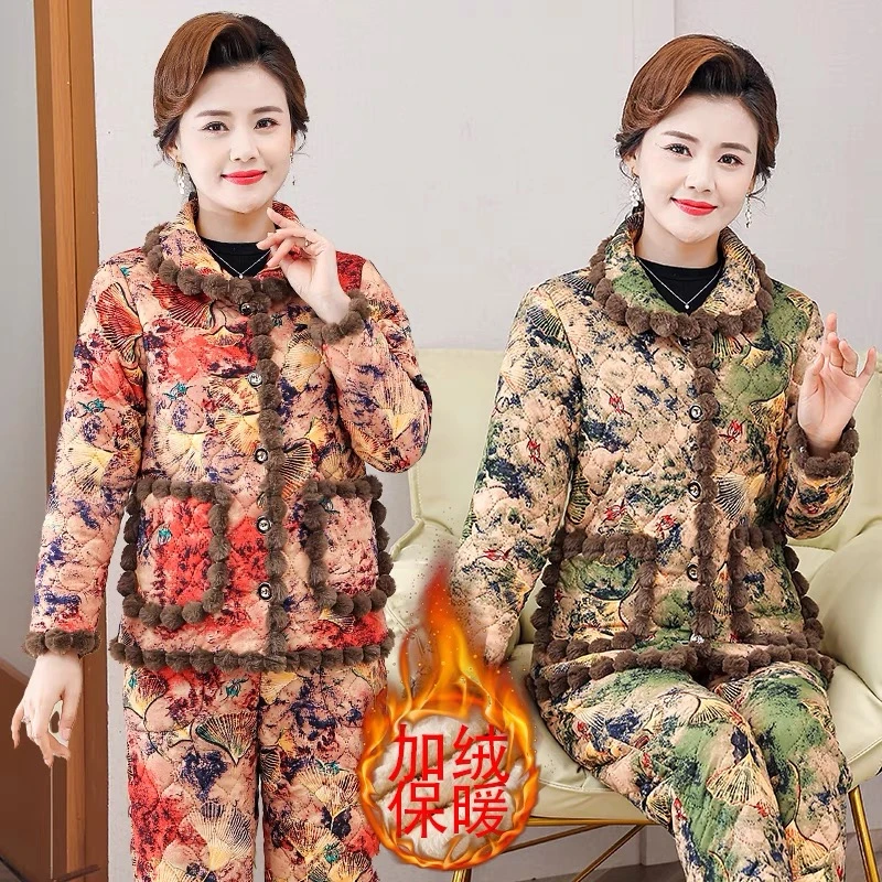 2023年冬装新款棉衣棉裤睡衣套装中老年人居家服加绒加厚两件套女