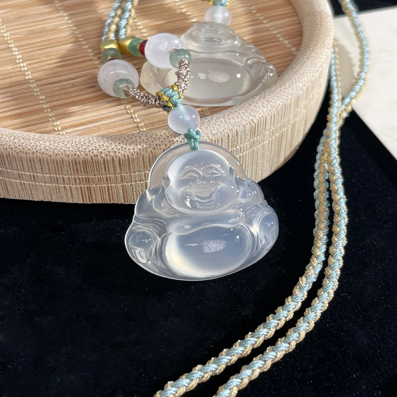 天然高冰玛瑙佛公吊坠佛头30mm佛公双面雕刻高透佛公白冰吊坠