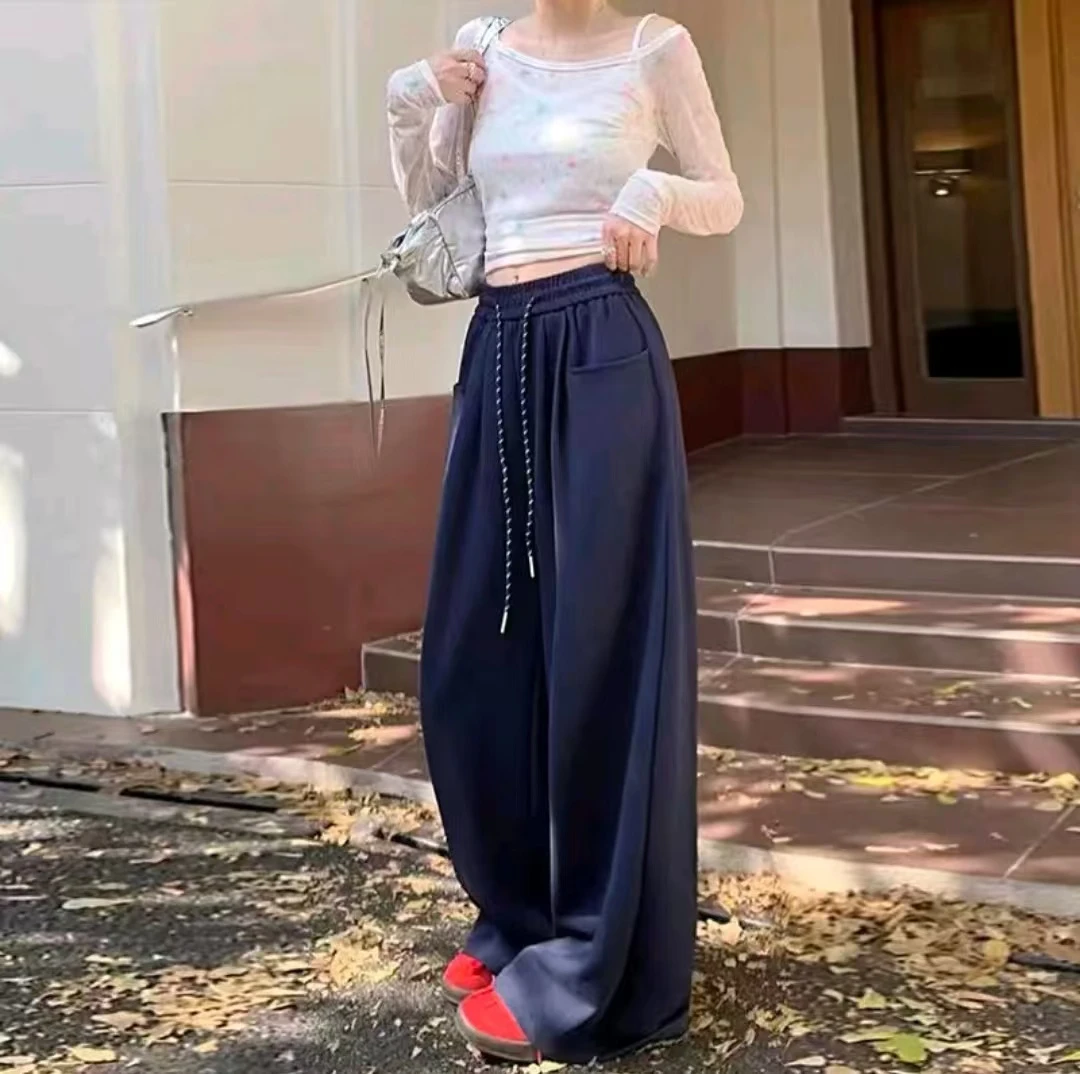 慵懒风阔腿裤女春秋2024新款高腰直筒休闲拖地垂感长裤子宽松卫裤