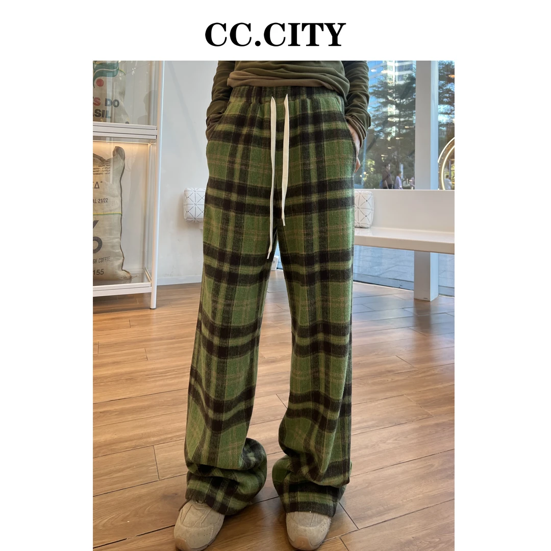 【蔡丽丽&添羽】时尚洋气百搭尼料格子休闲直筒裤6x531