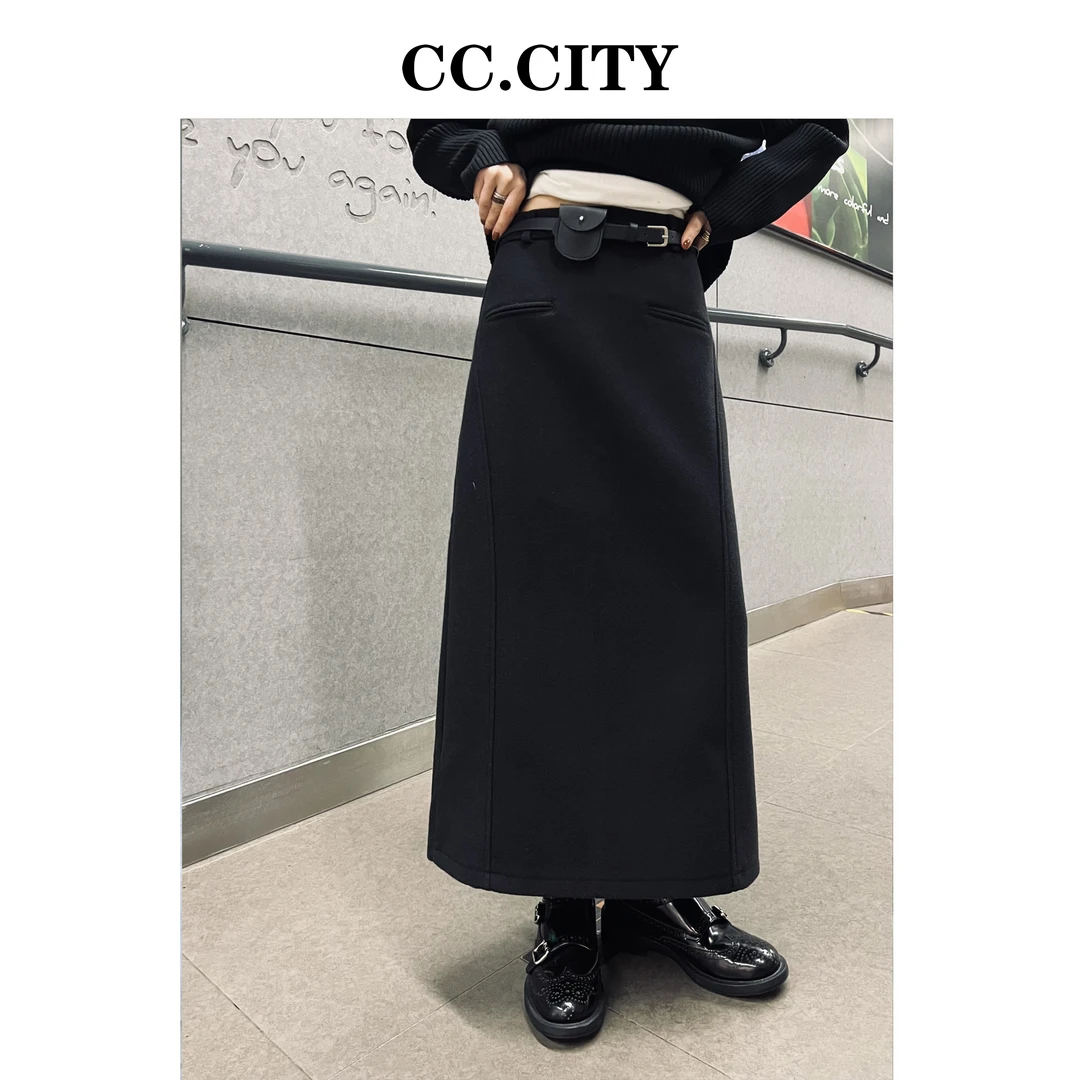 【蔡丽丽&添羽】时尚洋气百搭显瘦毛呢后开叉半裙W26068