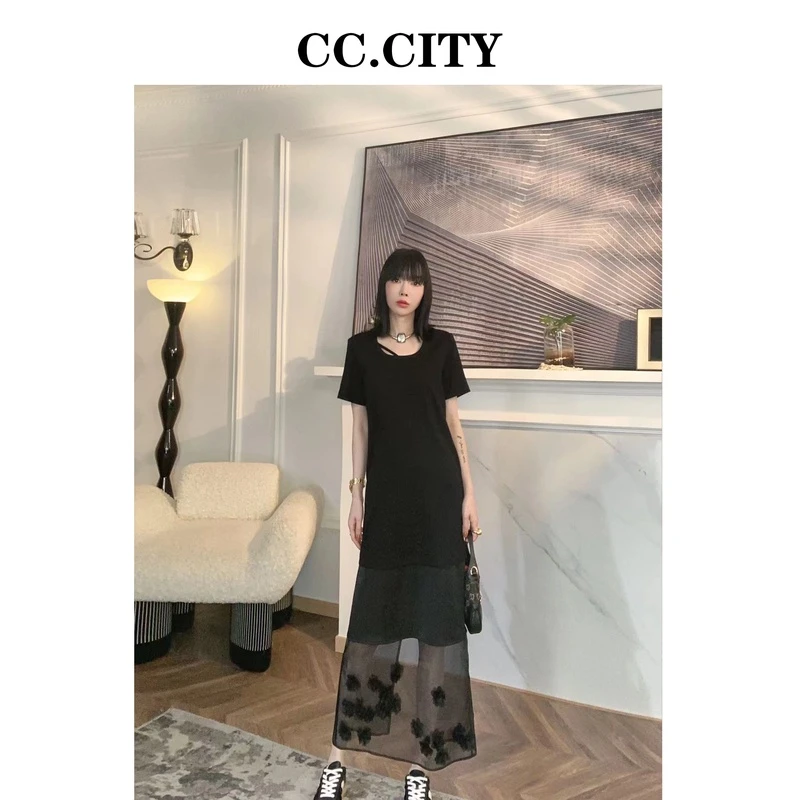 【蔡丽丽 & CC.city 】蕾丝显瘦气质针织时尚夏季黑色连衣裙x6727