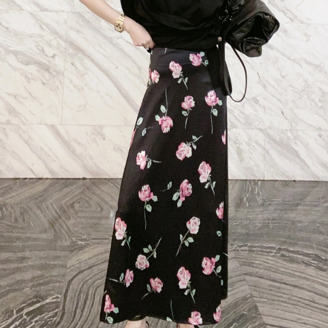 【蔡丽丽&CC.city】时尚玫瑰花 复古缎缎百搭印花碎花半身裙X6092