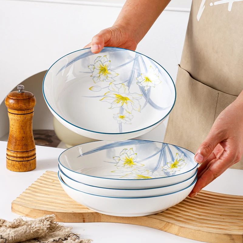 2024 新款水仙花7英寸饭盘深盘6个装家用骨质瓷餐具新中式水墨风