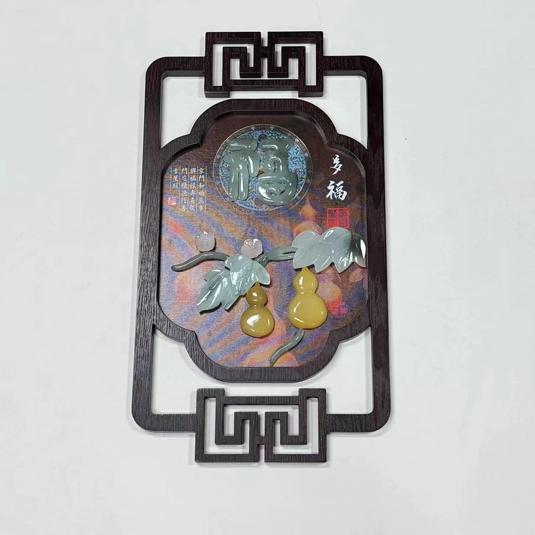 A60*34尺寸多福(0072)如意框中式挂画方形玉雕画天然玉石滑石玉