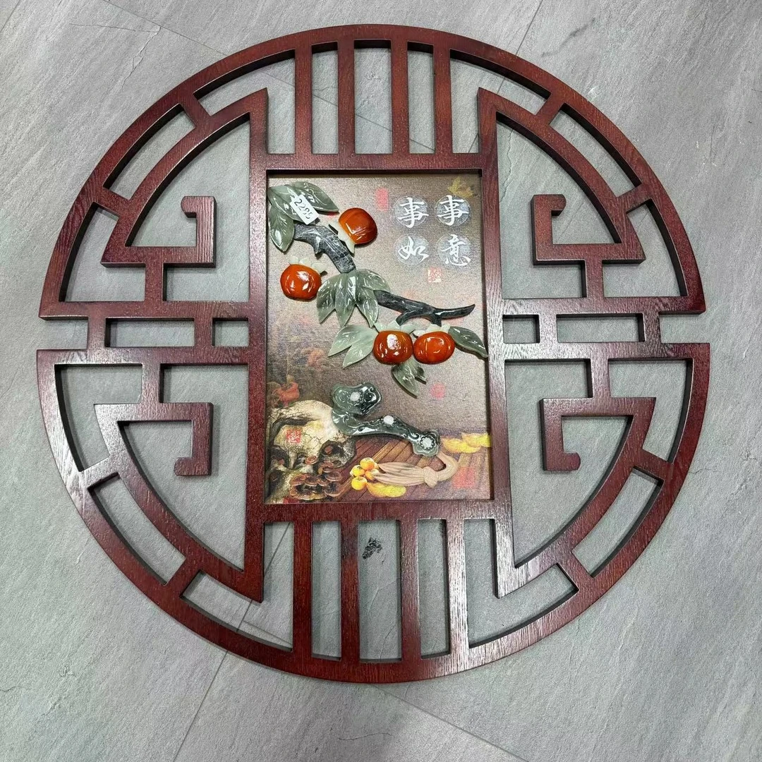 (Y)80*80尺寸事事如意(2285)寿字框圆形玉雕画天然玉石滑石玉雕画