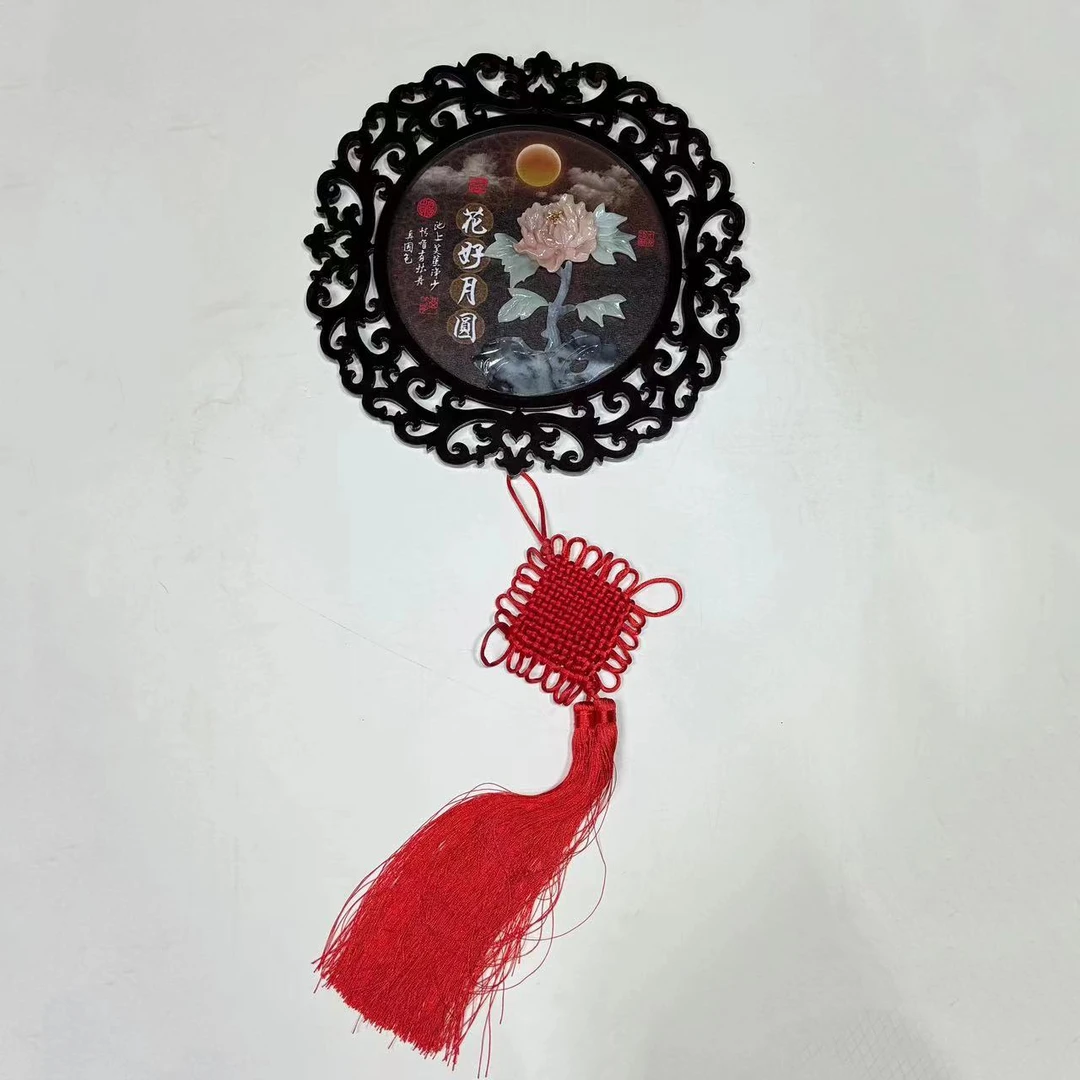 (S)38*38花好月圆(0071)圆形玉雕画天然玉石滑石玉中式装饰挂画