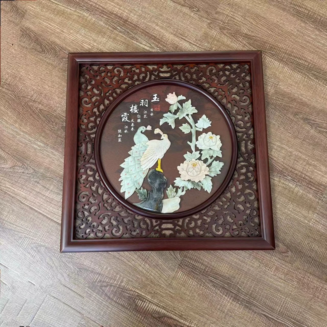 58*58玉羽楼霞(2300)方形玉雕画天然玉石滑石玉中式实木框单幅