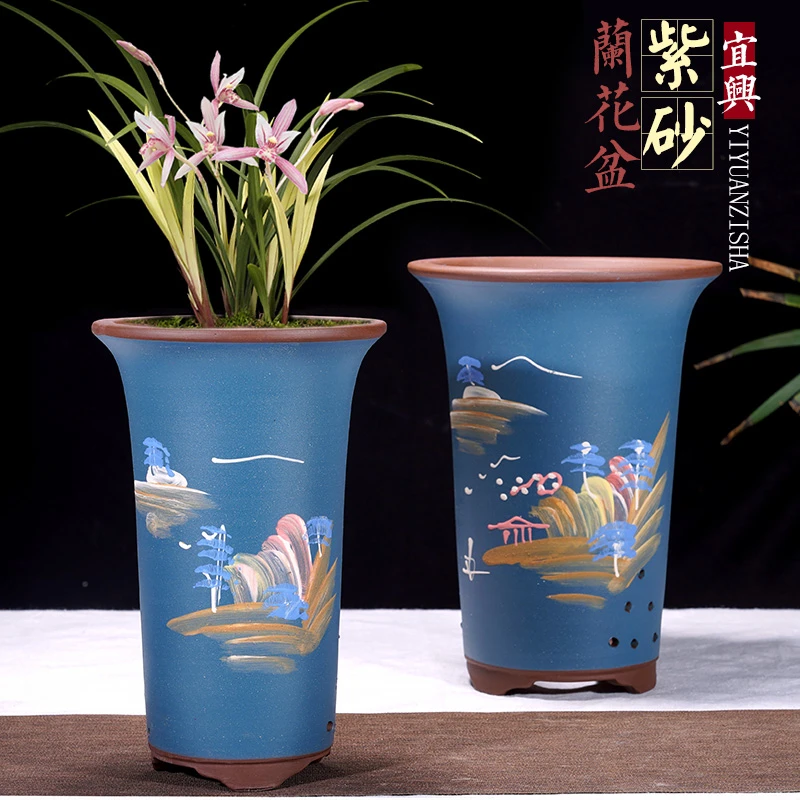宜兴紫砂兰花盆手工制作花盆高款泥绘君子兰花盆厂家直销精品花盆