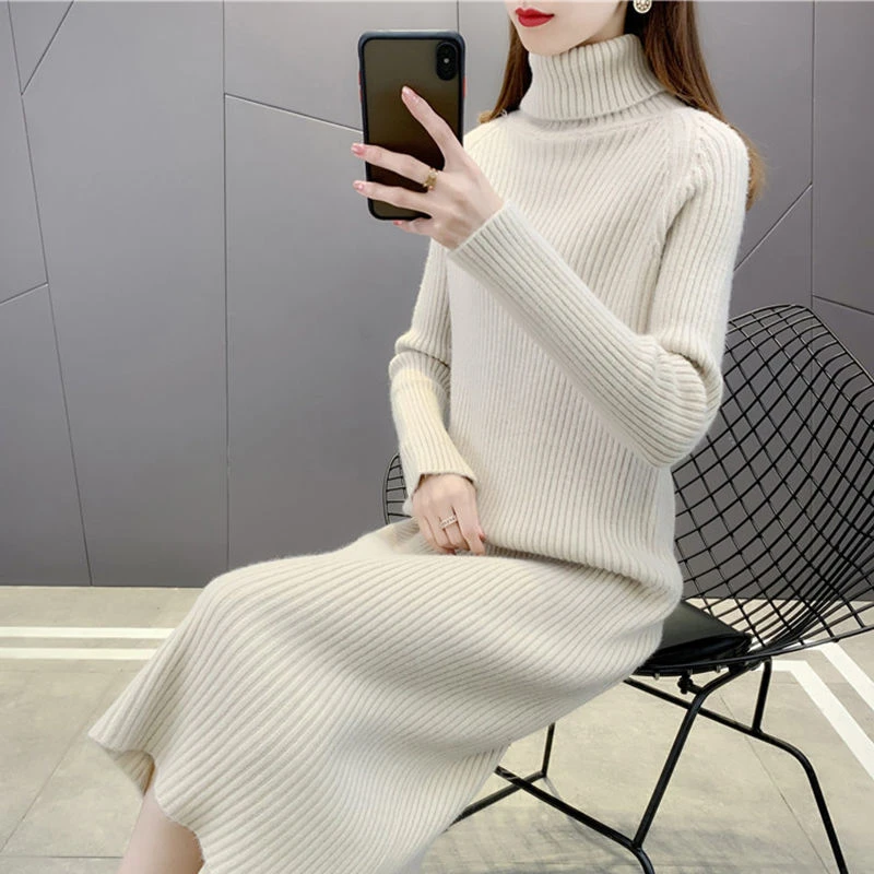 高领毛衣裙秋冬新款厚时尚针织衫百搭保暖过膝打底裙直筒连衣裙