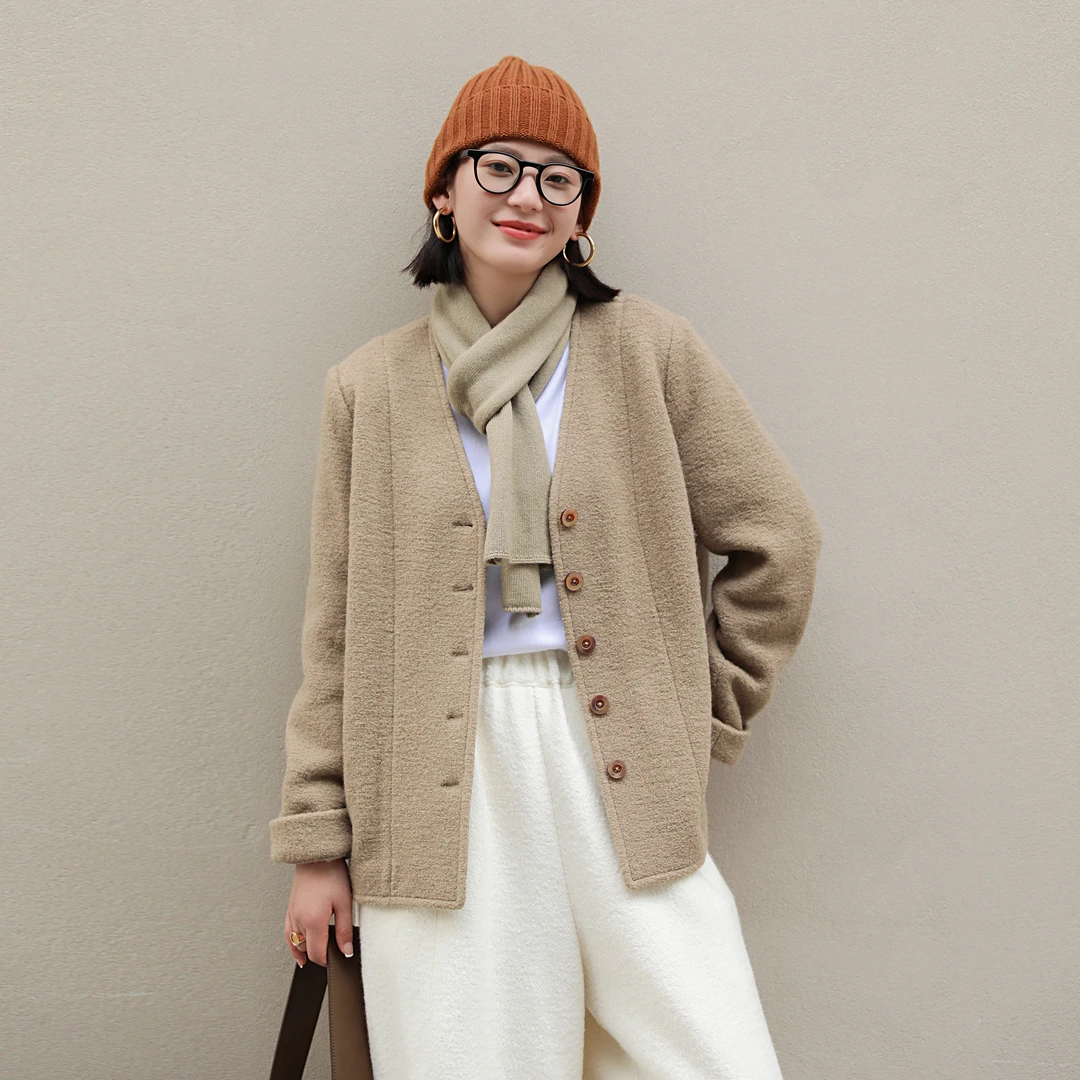 麻霖原创设计秋季新品棉羊毛圈圈呢肌理感加厚保暖V领外套