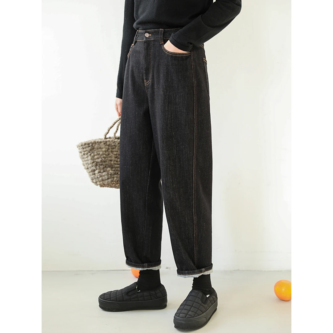 麻霖原创设计环保丹宁斜纹不掉色牛仔布加厚加绒显瘦九分牛仔裤