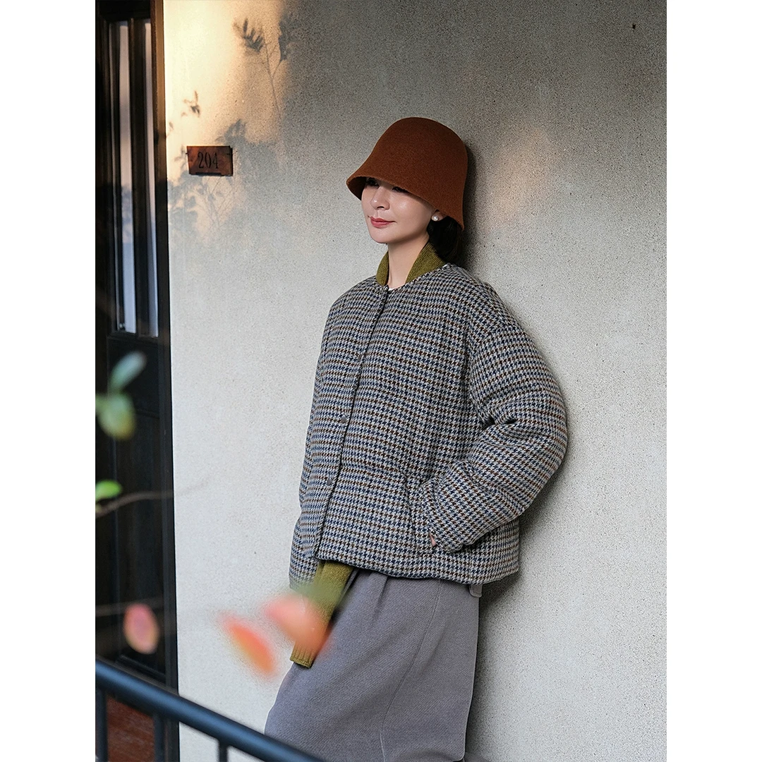 麻霖澳洲进口绵羊毛混纺花呢格95白鸭绒加厚保暖显瘦羽绒服外套