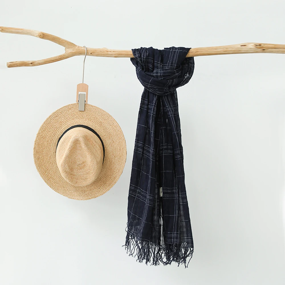 麻霖原创设计夏新品色织亚麻棉手工流苏格纹披肩文艺休闲百搭围巾